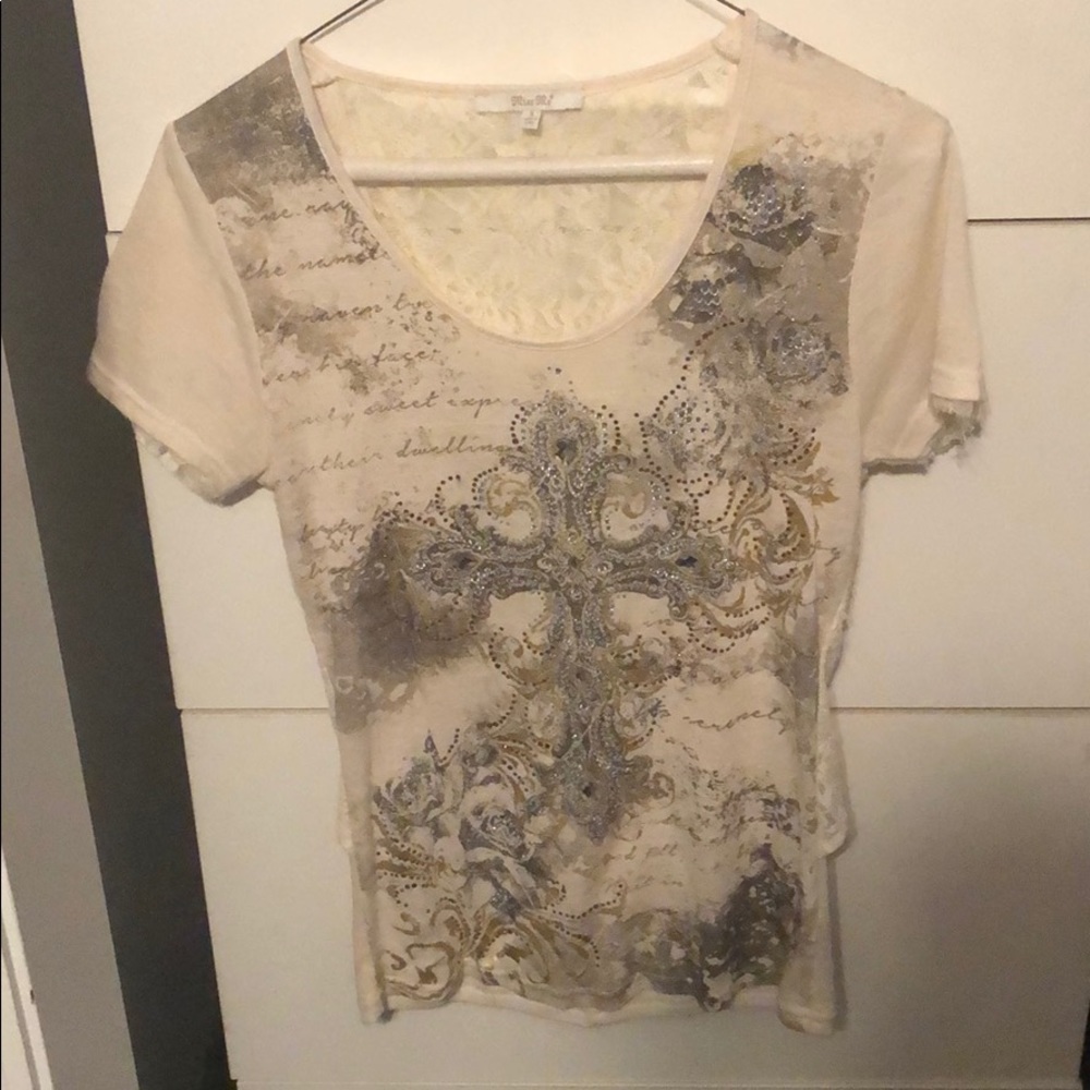 Jeweled cross top with lace open back